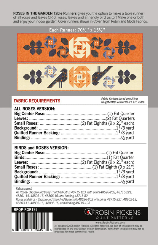 Roses in the Garden Table Runner Pattern back cover with fabric requirements.  