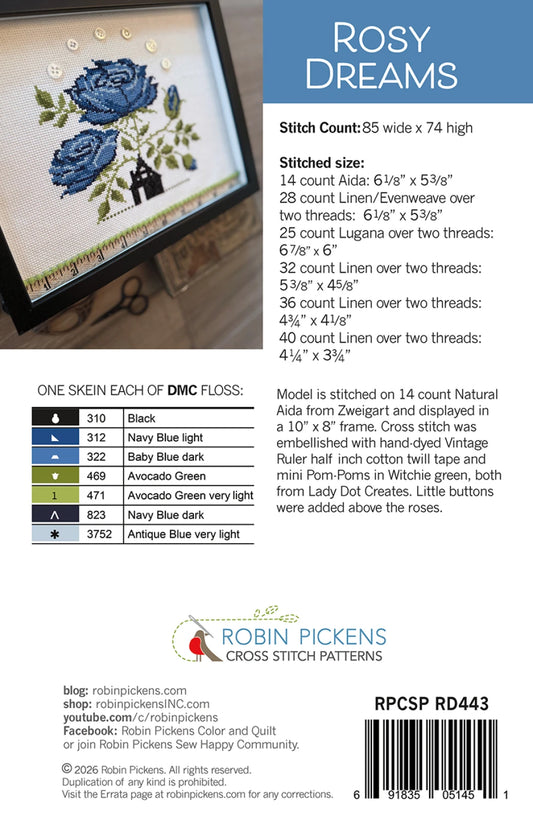 back cover of the Rosy Dreams cross stitch pattern with pattern requirements 