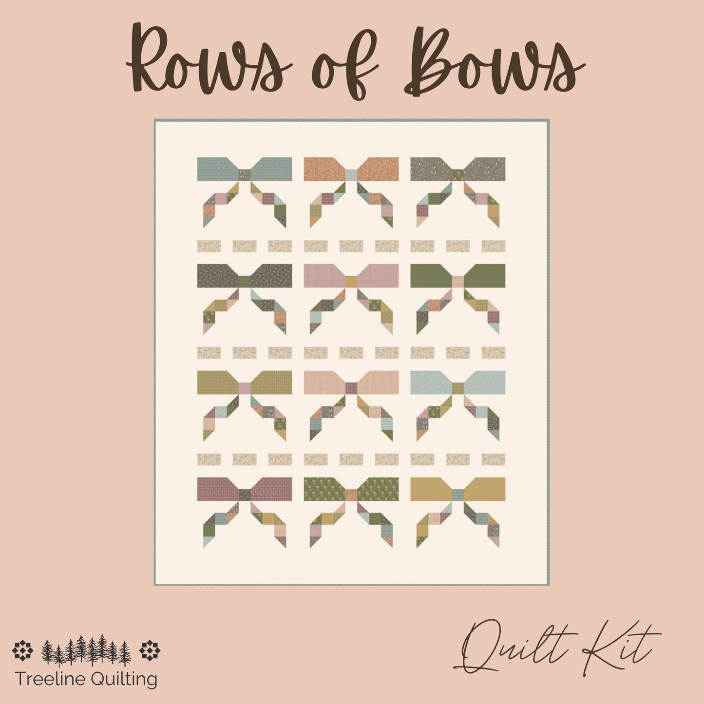 A quilt pattern cover titled 'Rows of Bow' by Treeline Quilting, showing a grid of quilted bow designs in muted pastel colors on a beige background, with 'Quilt Kit' written at the bottom right.