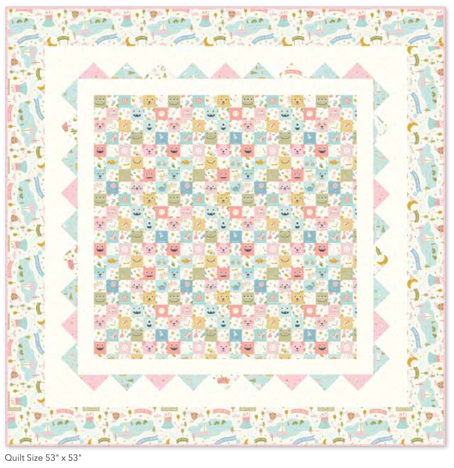 Be Brave Quilt Kit featuring the Brave Your Way cheater print surrounded by soft blush, aqua, gold, and pastel prints by Cayla Naylor for Riley Blake Designs. Includes the free pattern, quilt top, and binding. Preorder ships September 2026.