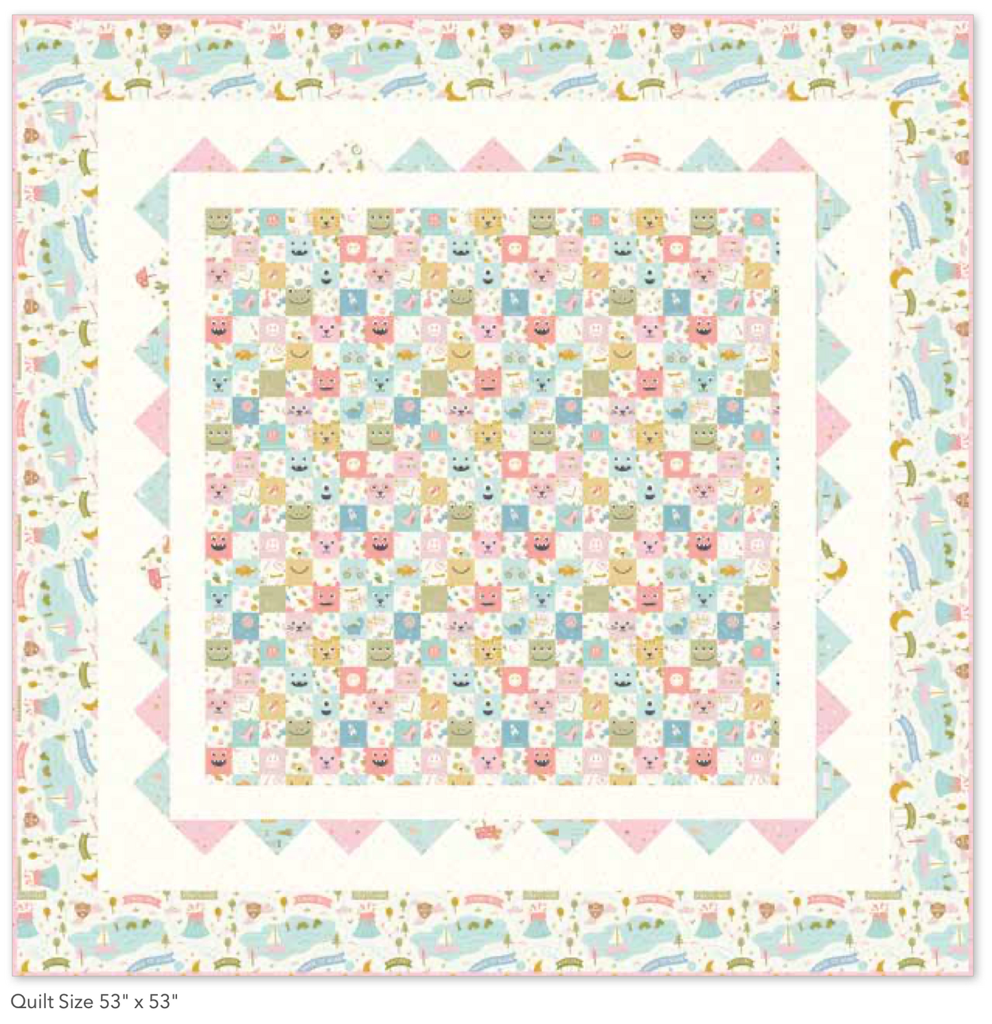 Be Brave Quilt Kit featuring the Brave Your Way cheater print surrounded by soft blush, aqua, gold, and pastel prints by Cayla Naylor for Riley Blake Designs. Includes the free pattern, quilt top, and binding. Preorder ships September 2026.