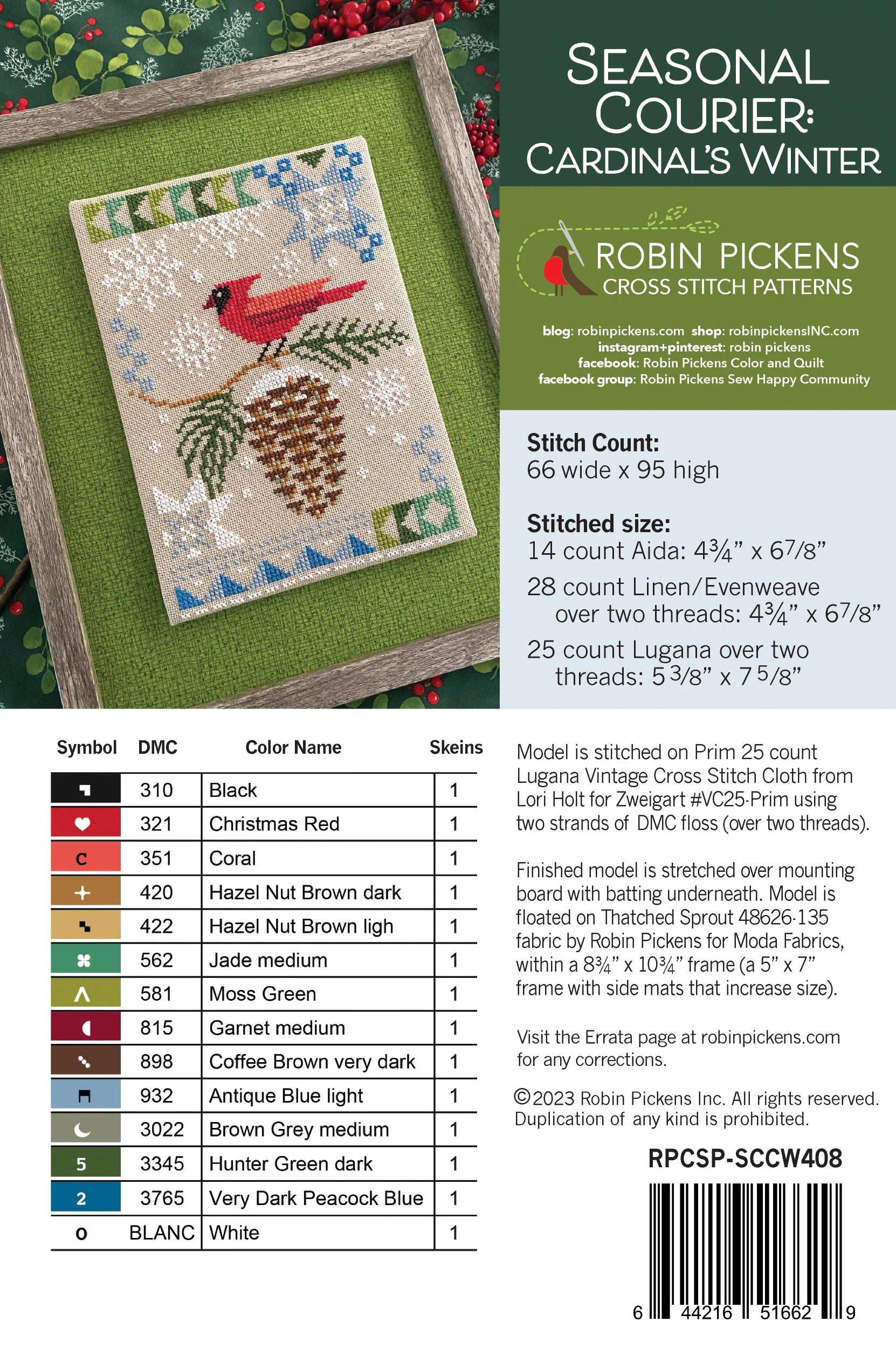 Seasonal Courier: Cardinal's Winter Cross Stitch Printed Pattern