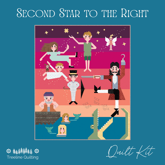 Peter Pan Quilt kit cover featuring a colorful illustrated scene with whimsical characters and sea-themed elements, centered on a teal background with the text 'Second Star to the Right' at the top and 'Treeline Quilting' plus 'Quilt Kit' at the bottom. Pattern by Art East Quilting Co.  