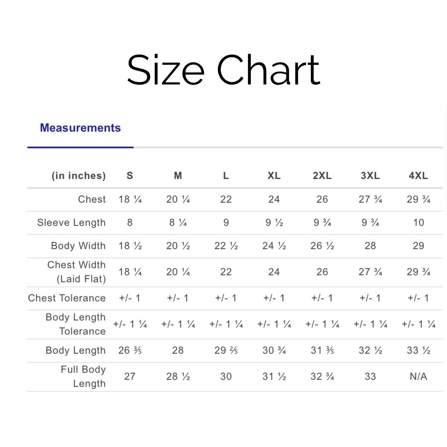 Shirt Size chart for Comfort Colors brand shirts