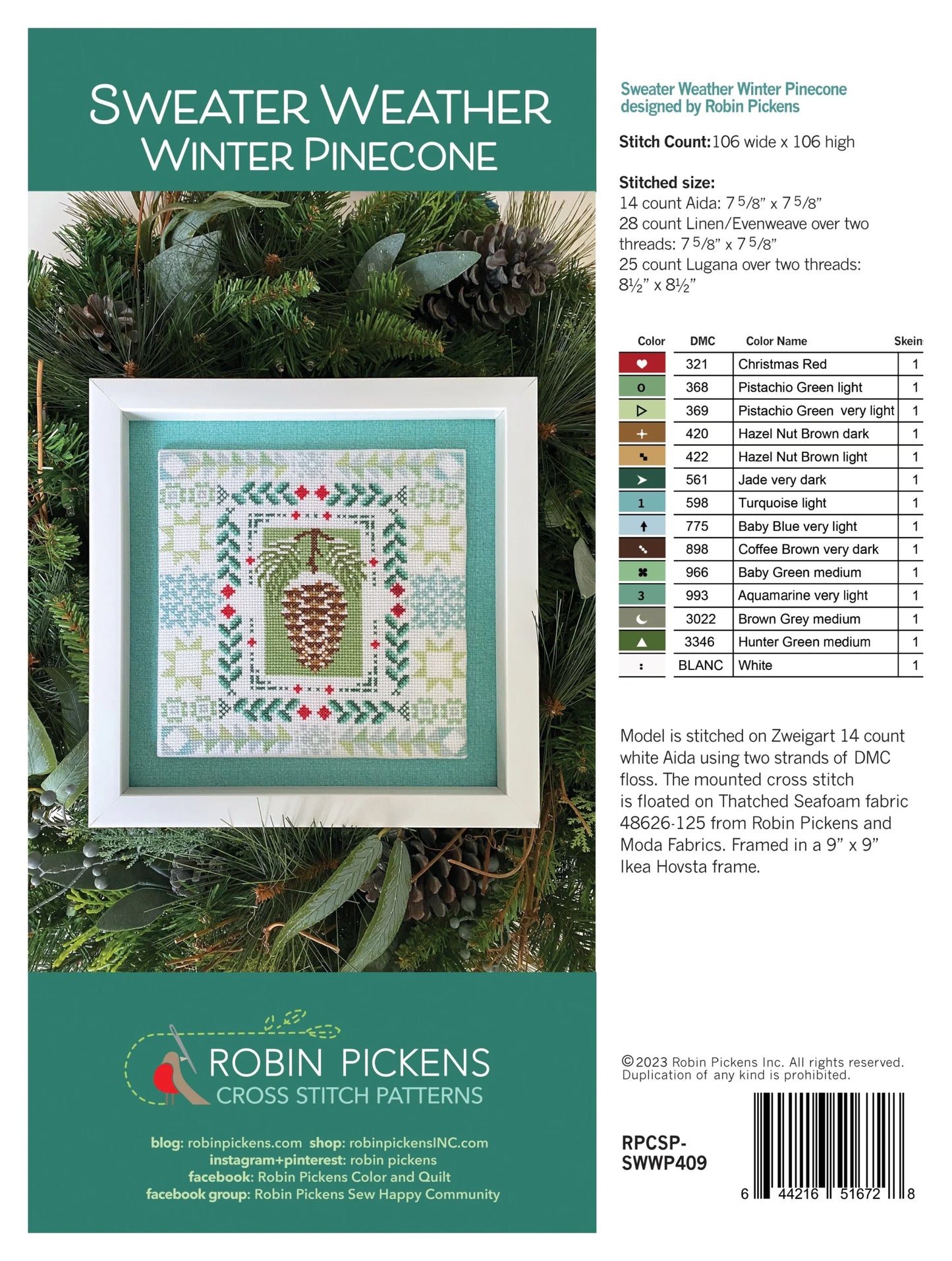 Sweater Weather Winter Pinecone Cross Stitch Printed Pattern
