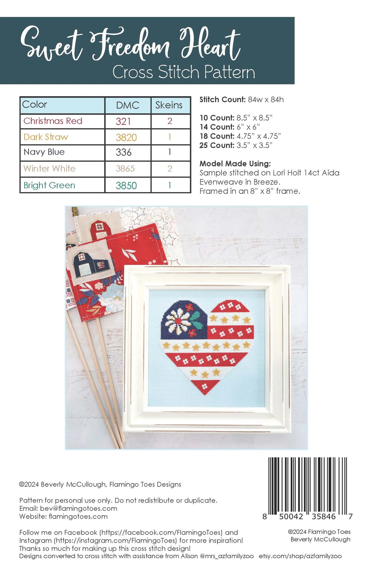 Sweet Freedom Heart Flag Cross Stitch Paper Pattern