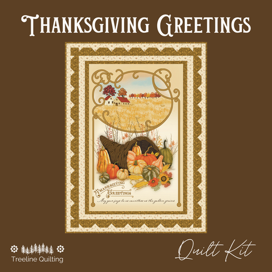 Thanksgiving Greetings Panel quilt kit featuring the Bountiful fabric panel by Sandy Gervais and coordinating fabric from the Bountiful fabric collection.  A cornucopia filled with gourds and a farm house on the prairie image. 