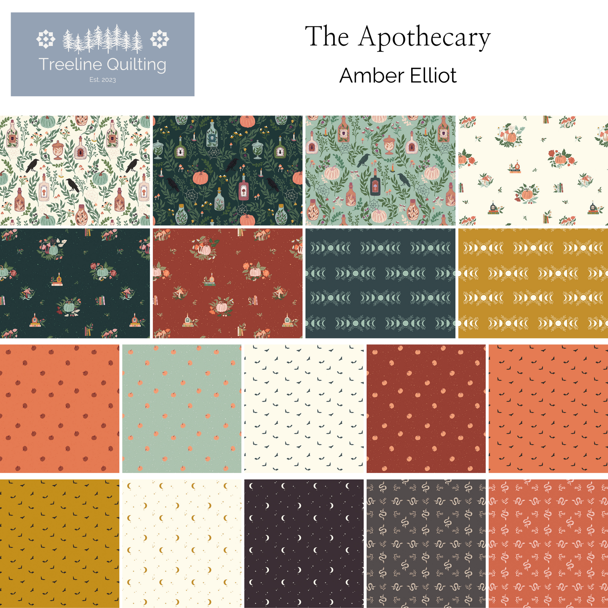 A quilted fabric pattern sampler sheet titled 'The Apothecary' by Amber Elliot, featuring 24 different pattern swatches in earthy tones of teal, rust, mustard, cream, and burgundy, with the Treeline Quilting logo in the top left corner.