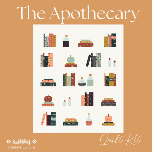 A quilt pattern cover for 'The Apothecary' quilt kit by Treeline Quilting, featuring a central cream-colored square with a grid of vintage-style illustrations of books, bottles, and pumpkins on a warm tan background.  Features the Apothecary fabric collection by Amber Elliot of Alderwood Studio