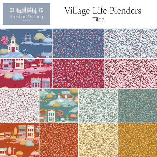 A quilt pattern collection preview sheet titled 'Village Life Blenders Tilda' by Treeline Quilting. The sheet displays a 3x5 grid of twelve different fabric designs featuring whimsical village scenes, floral patterns, and small-scale motifs in various colorways including navy, red, orange, yellow, and teal.
