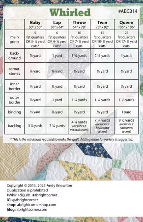 A printed quilting reference chart titled 'Whirled' with size and yardage information for baby, lap, throw, twin, and queen sizes, shown over a faint map background. The chart includes columns for main prints, background, corner stones, inner border, outer border, binding, and backing, with quantity and yardage notes.