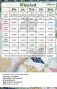 A printed quilting reference chart titled 'Whirled' with size and yardage information for baby, lap, throw, twin, and queen sizes, shown over a faint map background. The chart includes columns for main prints, background, corner stones, inner border, outer border, binding, and backing, with quantity and yardage notes.