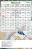 A printed quilting reference chart titled 'Whirled' with size and yardage information for baby, lap, throw, twin, and queen sizes, shown over a faint map background. The chart includes columns for main prints, background, corner stones, inner border, outer border, binding, and backing, with quantity and yardage notes.