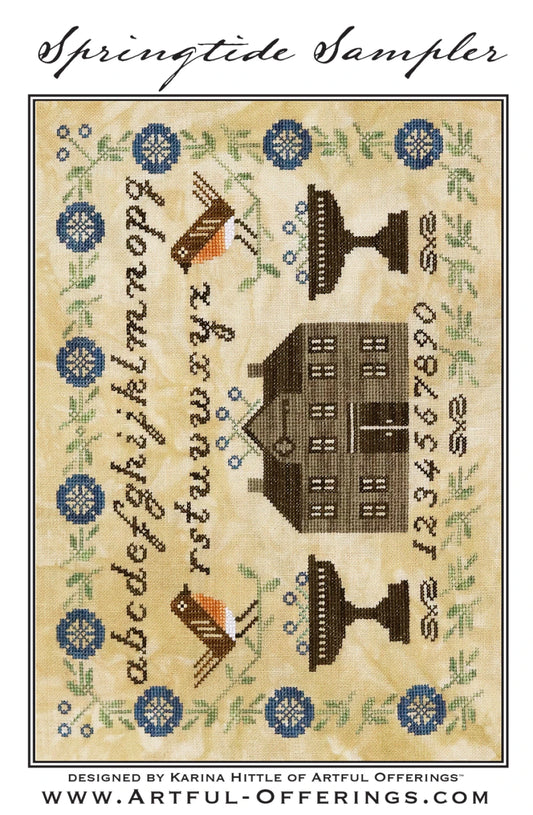 Springtide Sampler cross stitch pattern cover with birds, alphabet, house, and floral sampler elements.  