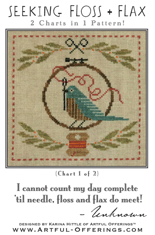 Seeking Floss and Flax cross stitch pattern cover.  Features a bird with needle and thread standing in an embroidery hoop.  