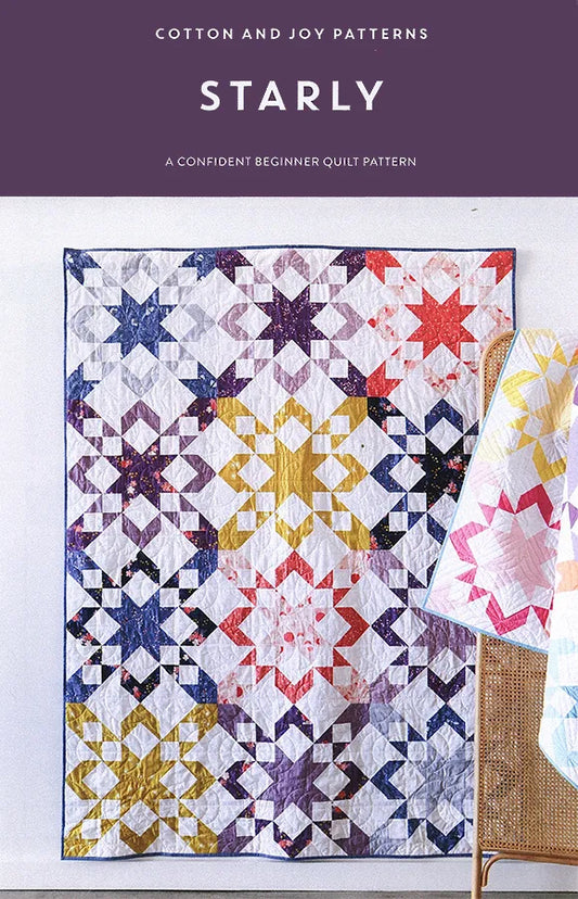 Starly quilt pattern cover by Cotton and Joy featuring a modern star quilt design with bold geometric blocks and clean patchwork layout.
