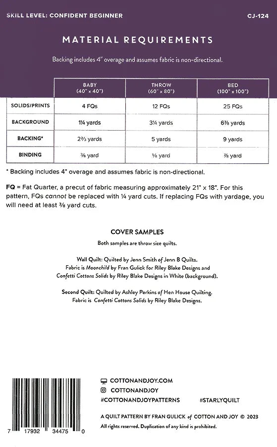 Back cover of the Starly quilt pattern showing quilt sizes, fabric requirements, and pattern information.
