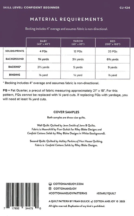 Back cover of the Starly quilt pattern showing quilt sizes, fabric requirements, and pattern information.
