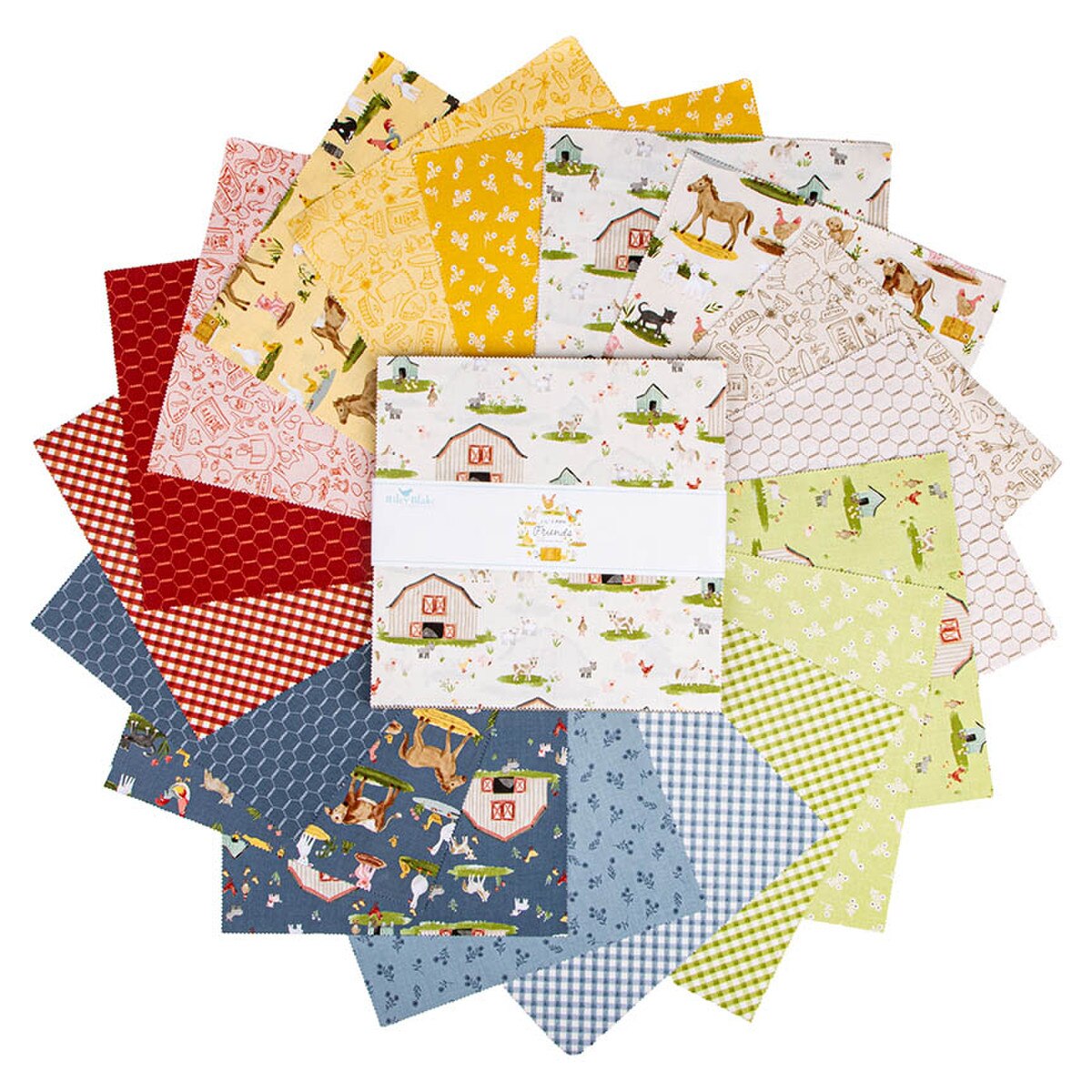 A set of Lil' Farm Friends 10 inch stacker fabric squares fanned out on a white background, featuring whimsical country and farm motifs in red, yellow, blue, green, pink, and beige.