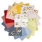 A set of Lil' Farm Friends 10 inch stacker fabric squares fanned out on a white background, featuring whimsical country and farm motifs in red, yellow, blue, green, pink, and beige.