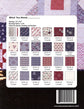 Back cover of a sewing pattern book showing fabric options for a quilt, with a white information panel listing pattern numbers, yardages, and a barcode on a dark background.
