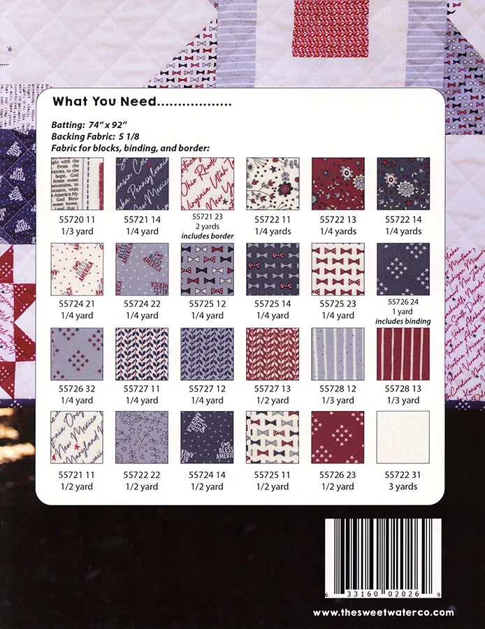 Back cover of a sewing pattern book showing fabric options for a quilt, with a white information panel listing pattern numbers, yardages, and a barcode on a dark background.